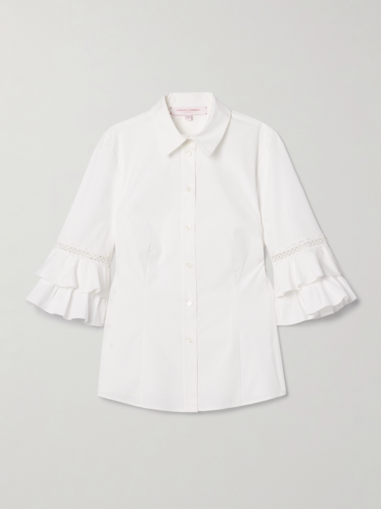 Carolina Herrera Ruffled Crochet-trimmed Cotton-blend Poplin Shirt In White