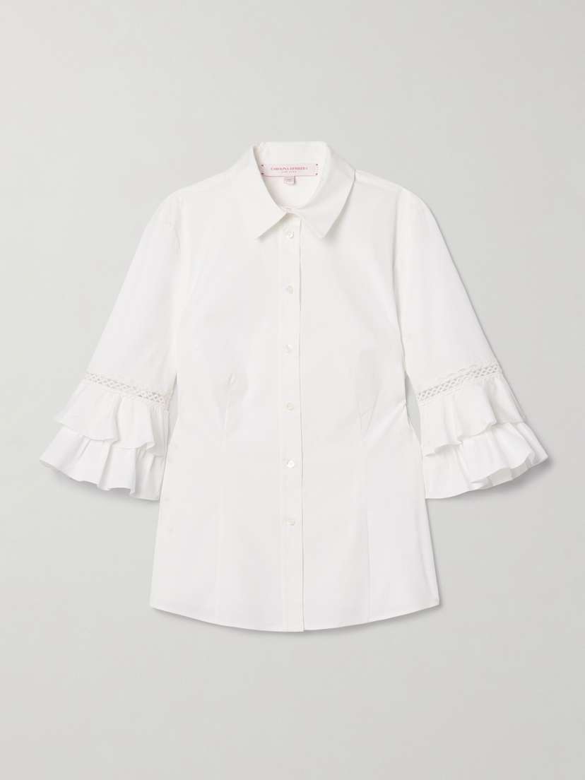 Carolina Herrera Ruffled Crochet-trimmed Cotton-blend Poplin Shirt
