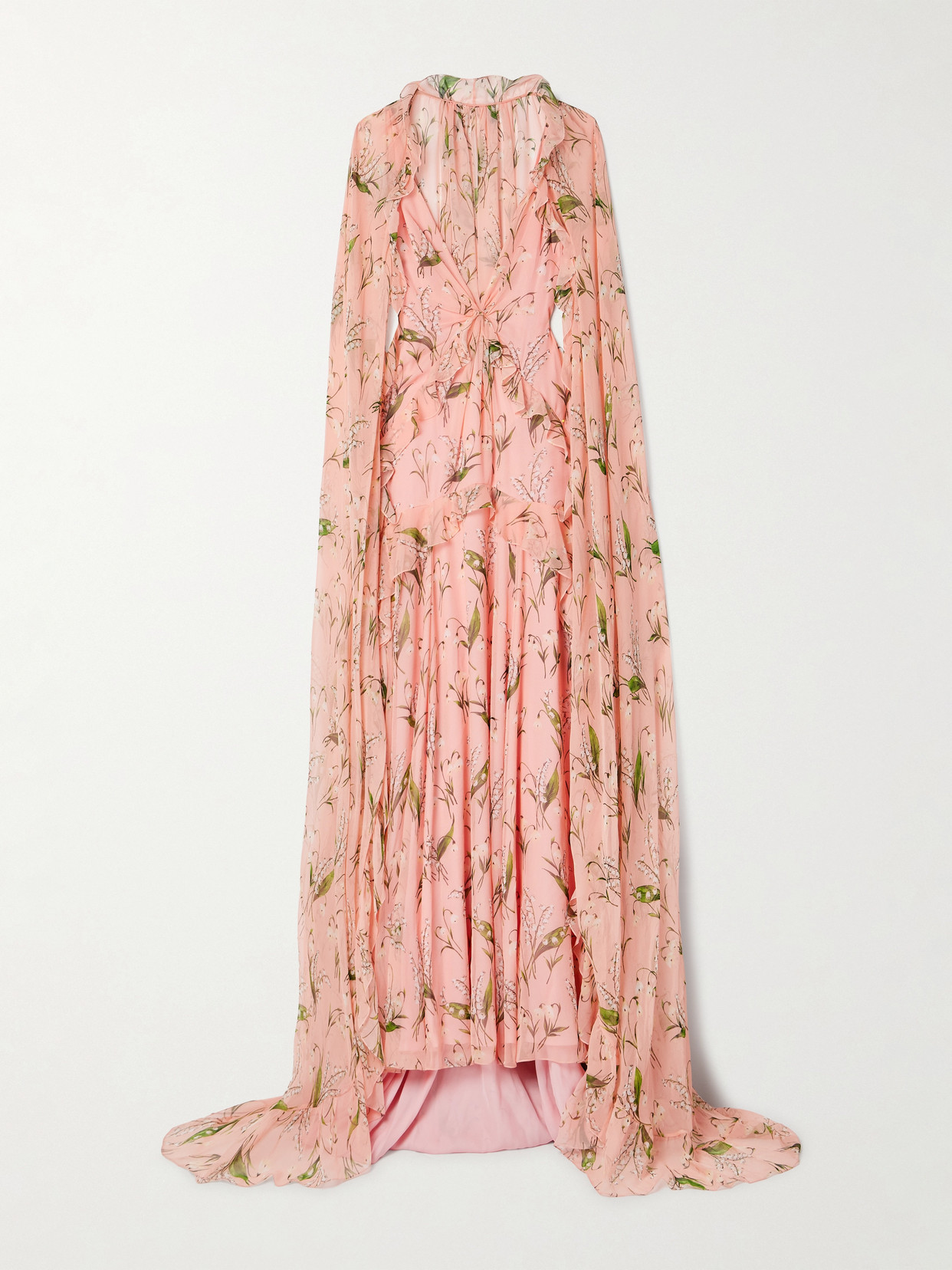 Shop Carolina Herrera Cape-effect Ruffled Floral-print Silk-crepe Gown In Pink