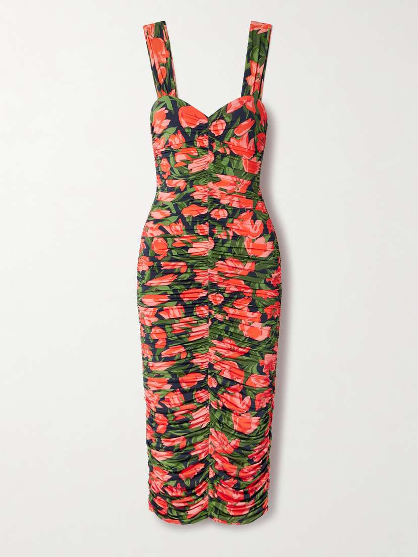 Carolina Herrera Ruched Floral-print Stretch-jersey Midi Dress