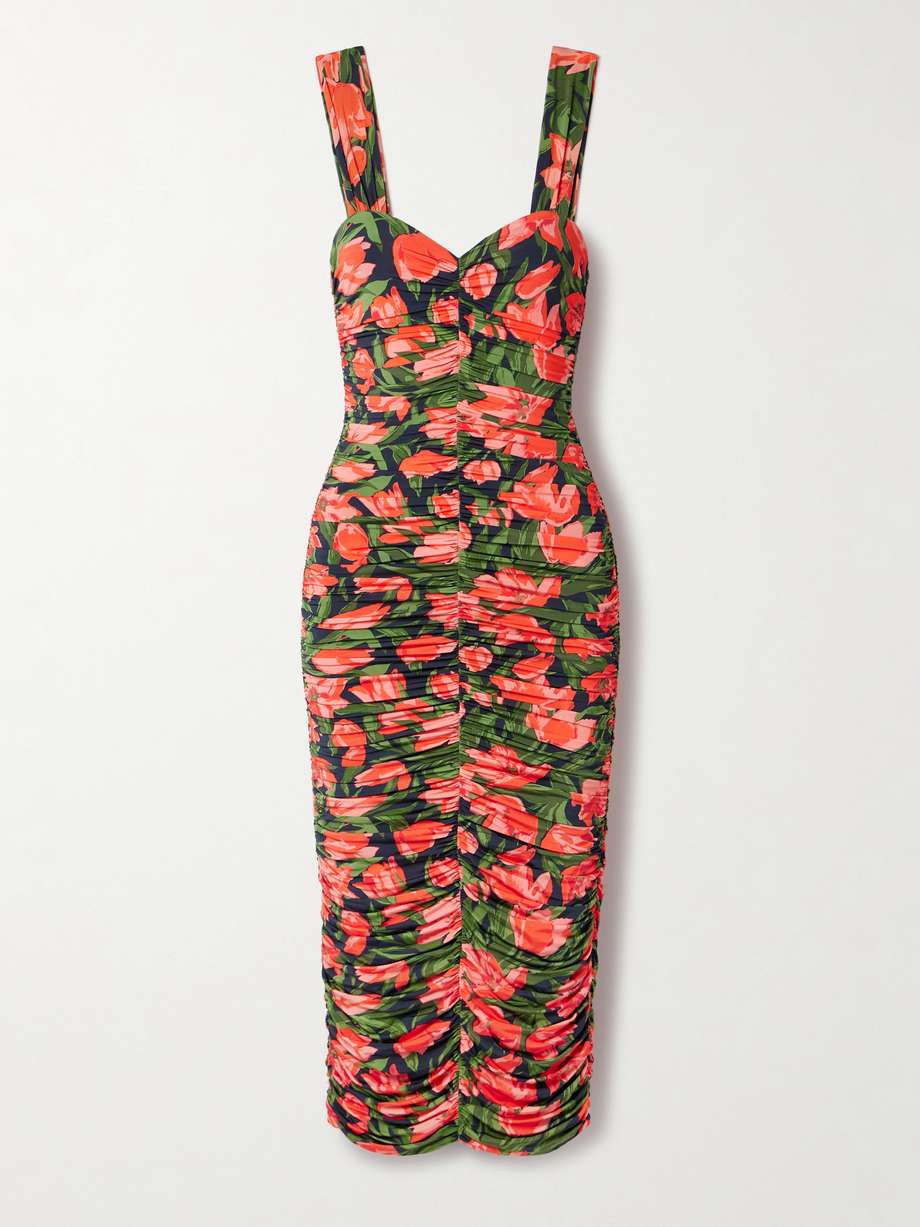 ruched floral-print stretch-jersey midi dress
