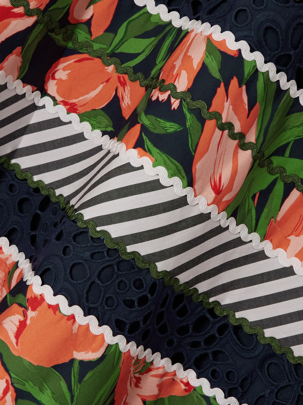 CAROLINA HERRERA RIC RAC-TRIMMED PRINTED COTTON-BLEND POPLIN AND BRODERIE ANGLAISE MIDI SKIRT