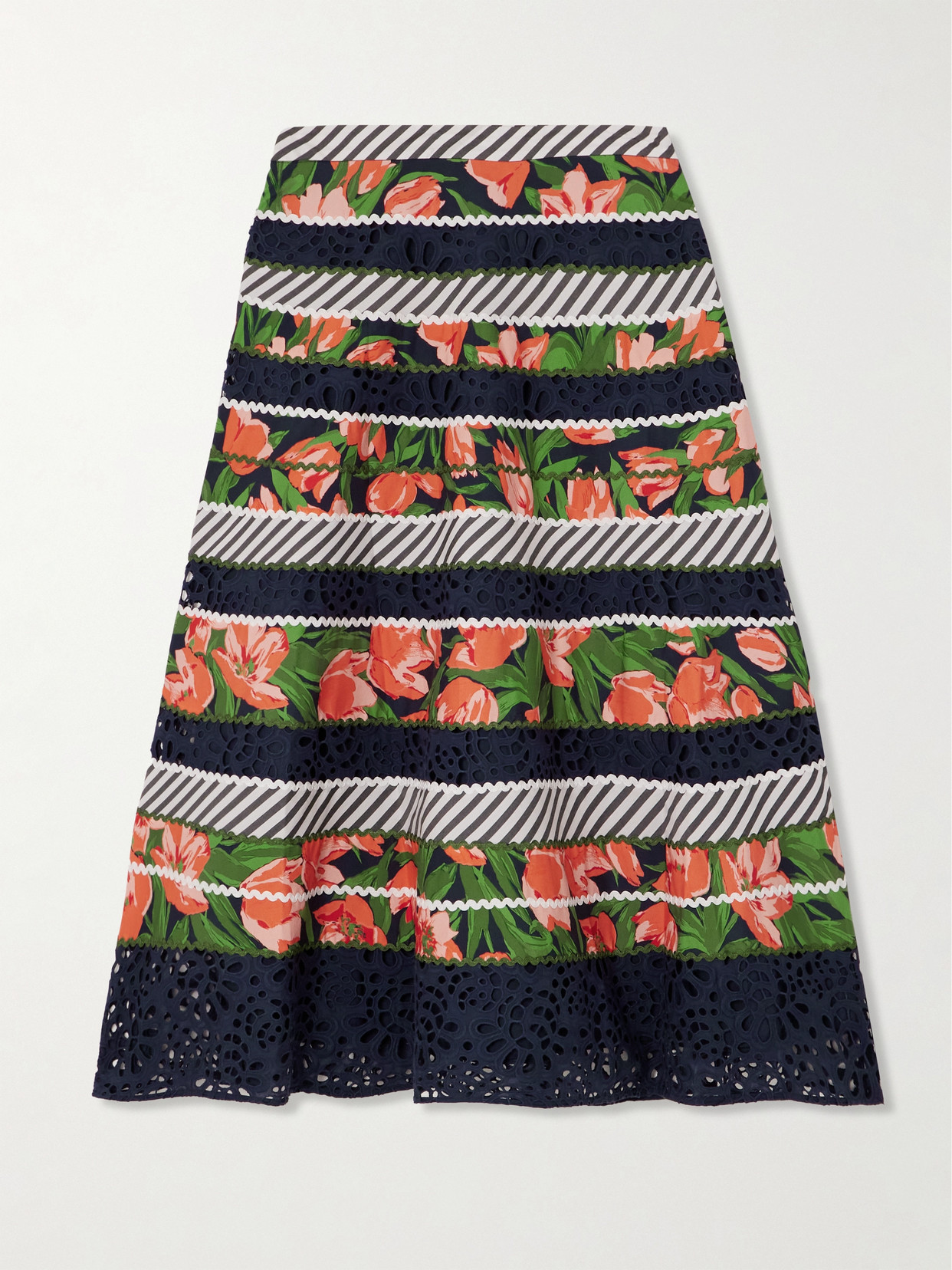 Carolina Herrera Ric Rac-trimmed Printed Cotton-blend Poplin And Broderie Anglaise Midi Skirt In Multi