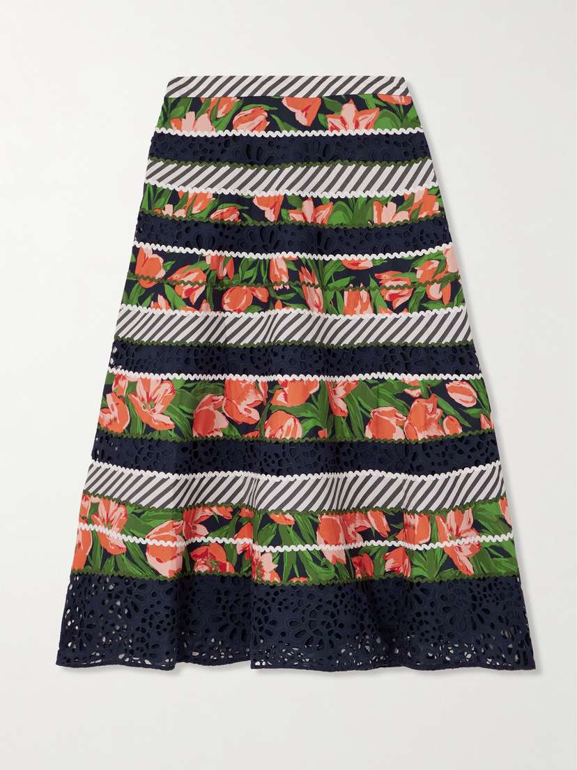 Carolina Herrera Ric Rac-trimmed Printed Cotton-blend Poplin And Broderie Anglaise Midi Skirt