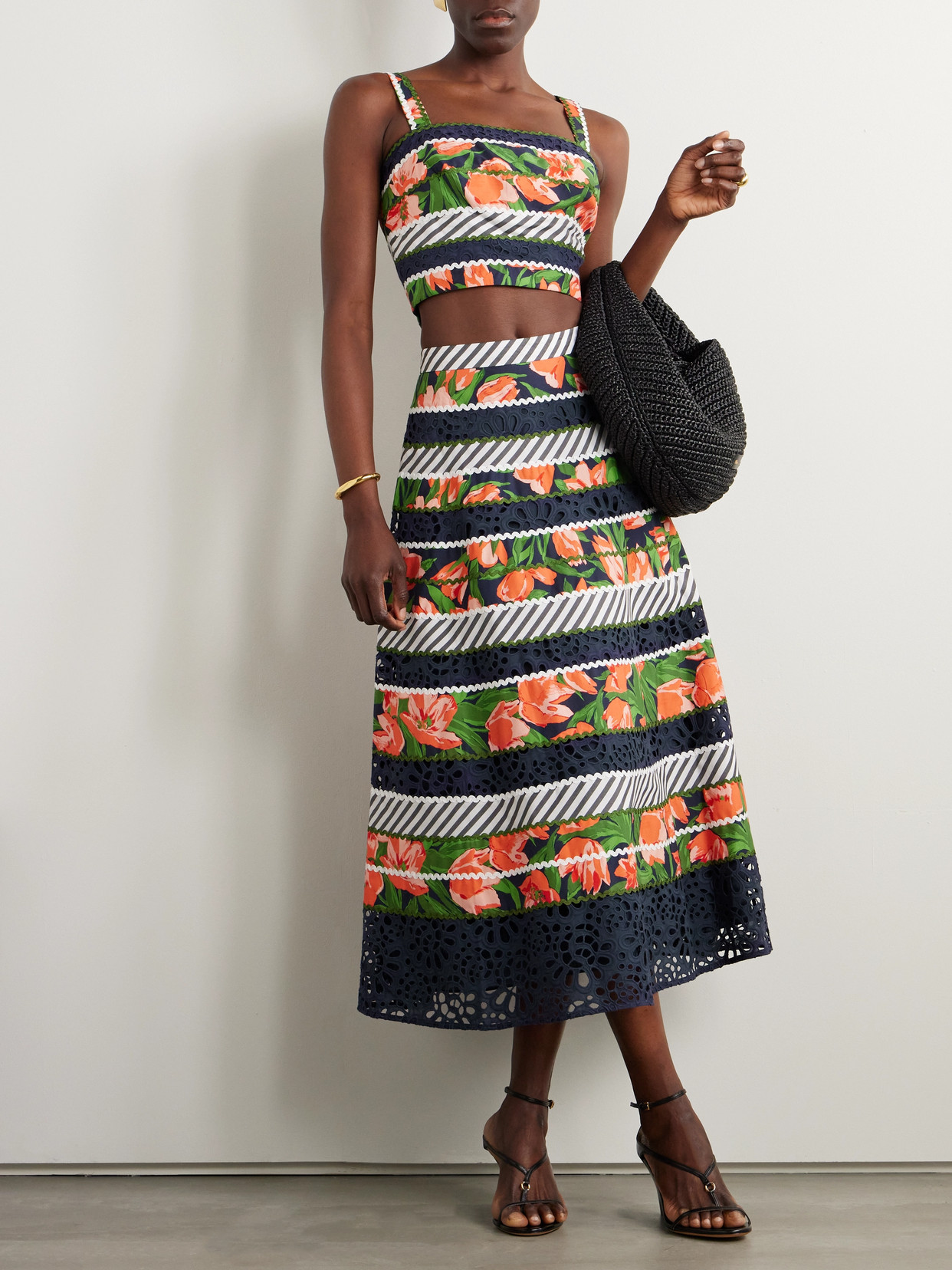 CAROLINA HERRERA RIC RAC-TRIMMED PRINTED COTTON-BLEND POPLIN AND BRODERIE ANGLAISE MIDI SKIRT