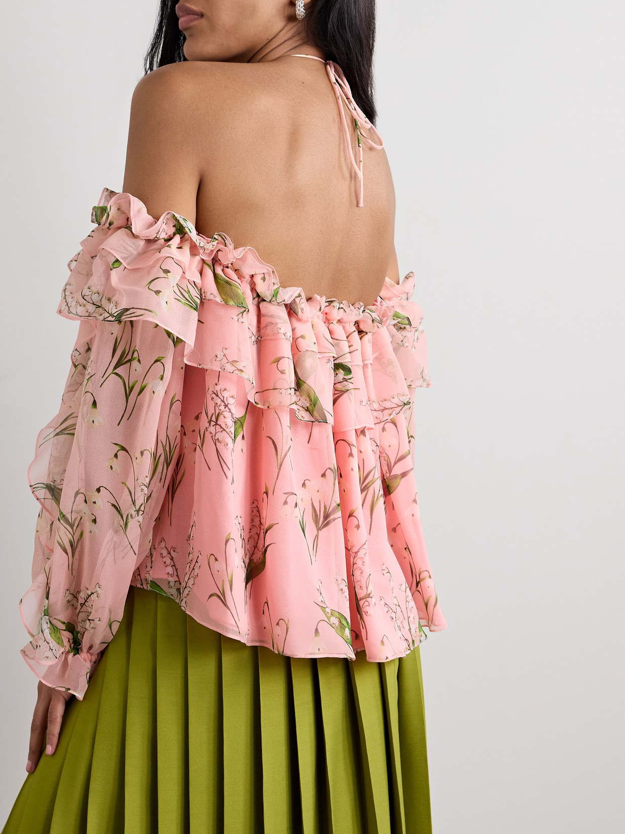 Shop Carolina Herrera Ruffled Appliquéd Floral-print Georgette Halterneck Blouse In Pink