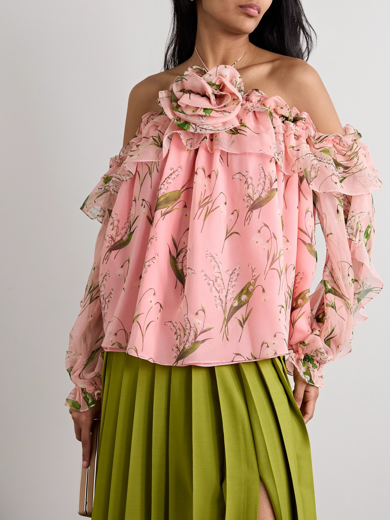 Shop Carolina Herrera Ruffled Appliquéd Floral-print Georgette Halterneck Blouse In Pink