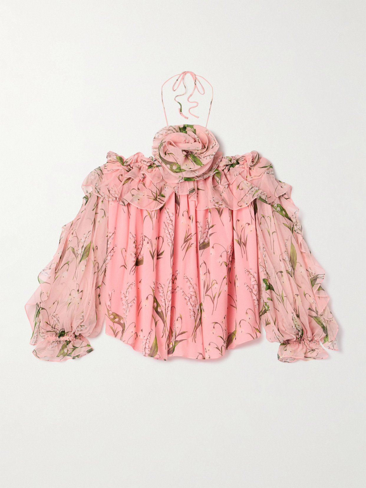 Shop Carolina Herrera Ruffled Appliquéd Floral-print Georgette Halterneck Blouse In Pink