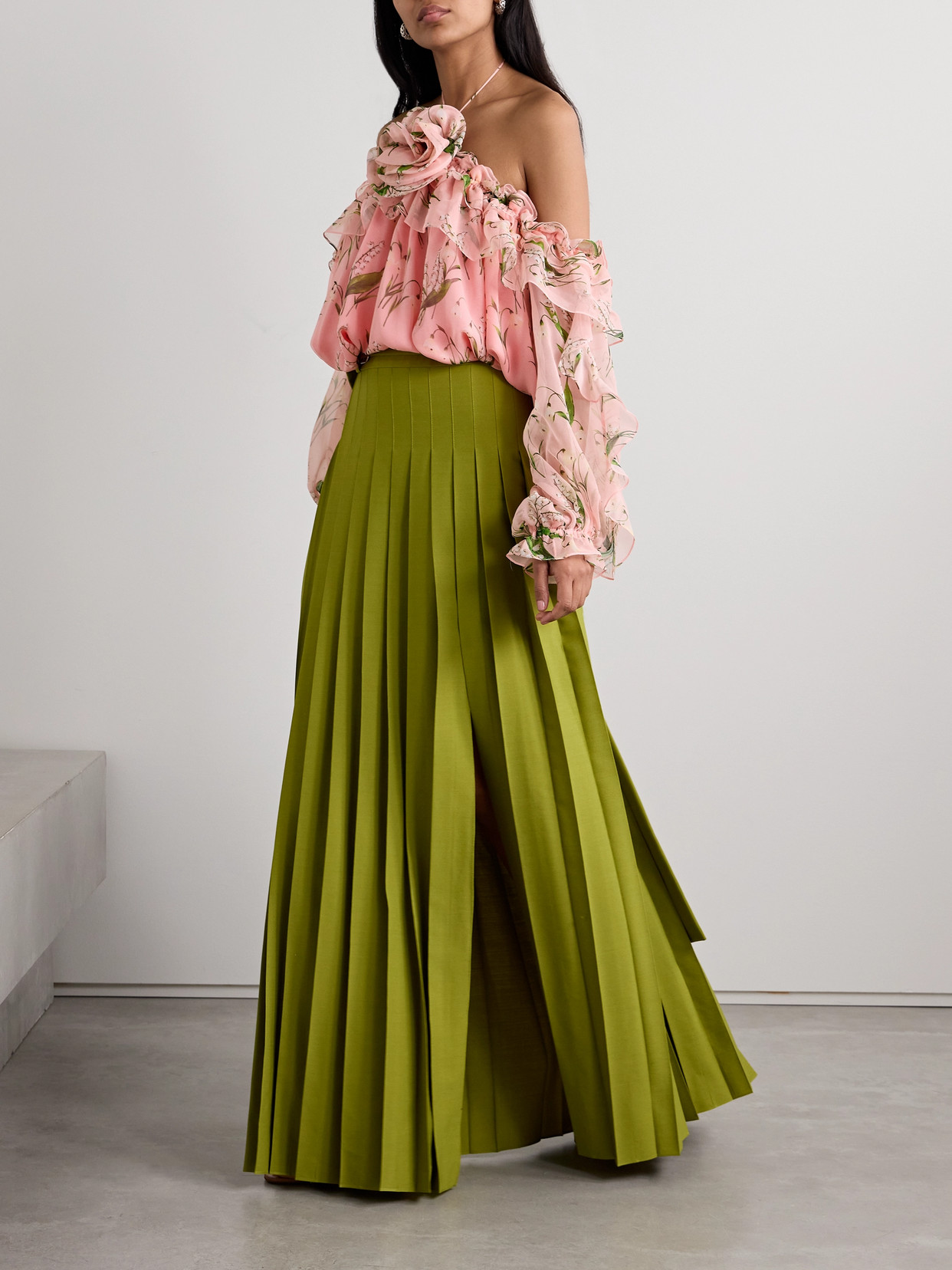 Carolina Herrera Rose Halter Ruffle Long-sleeve Silk Top In Pink
