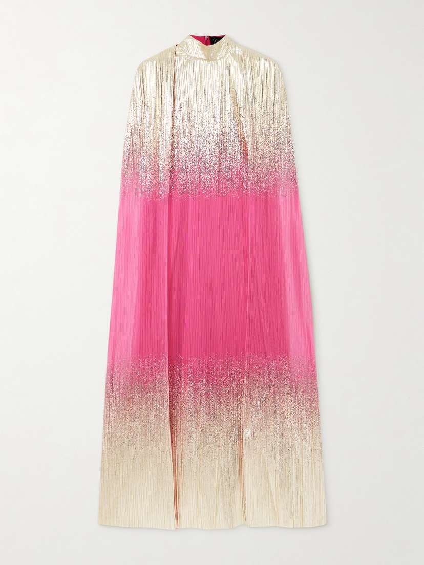 Dima Ayad Metallic Plissé-tulle Gown And Cape Set