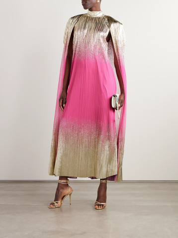 Dima Ayad Metallic plissé-tulle gown and cape set