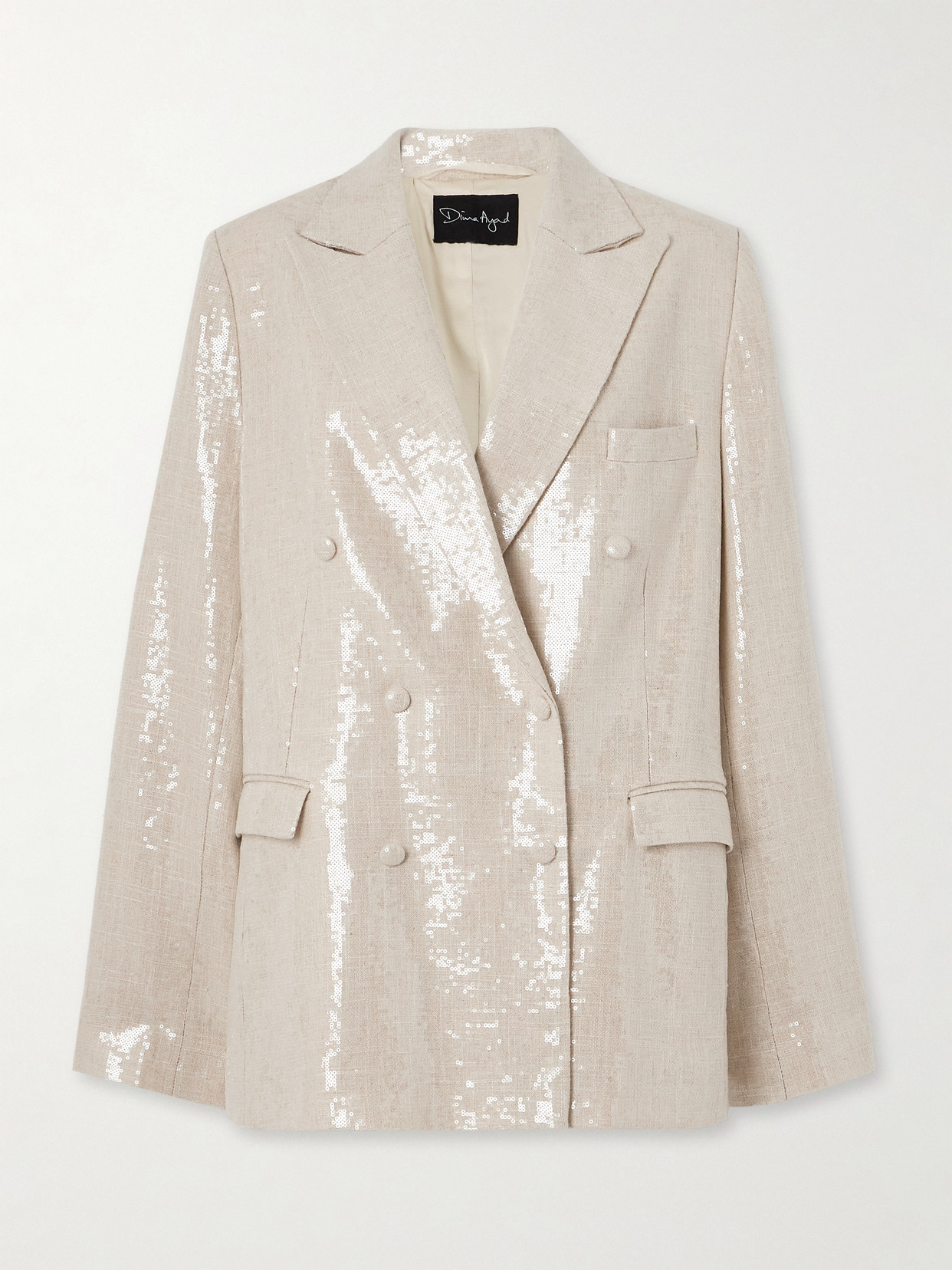 Dima Ayad Double-breasted Sequined Gauze Blazer In Neutrals