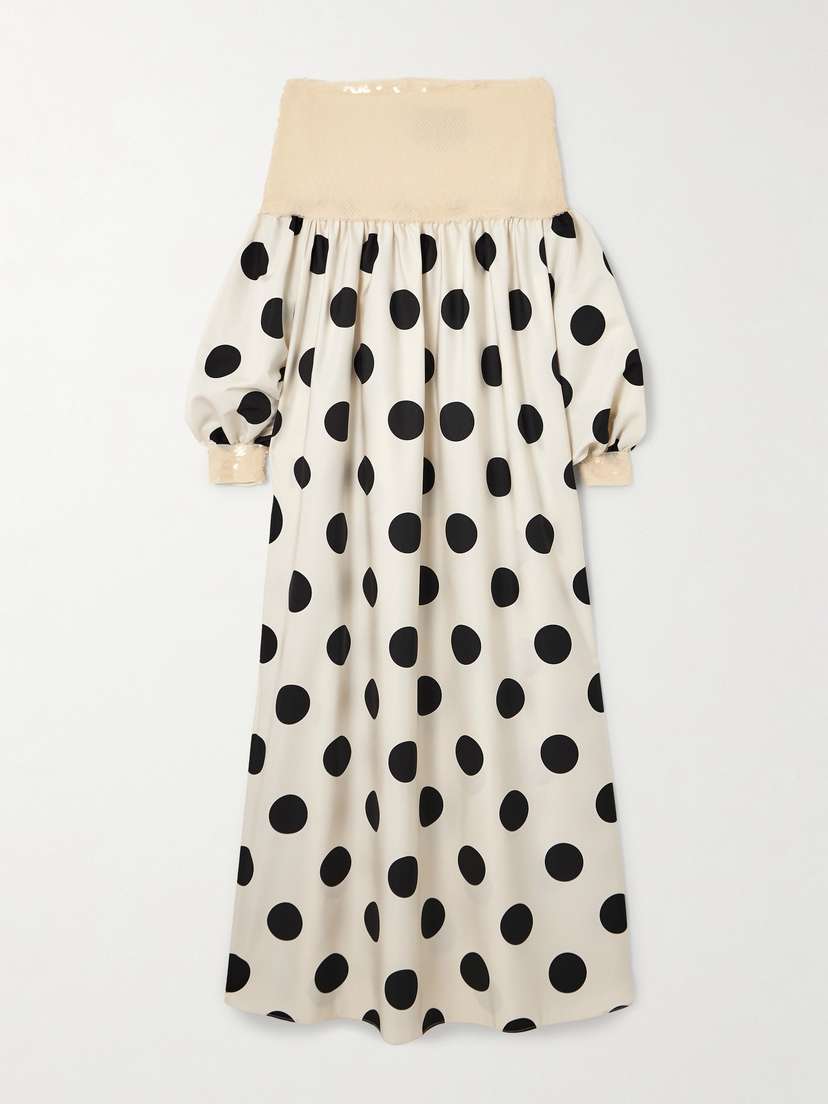 Dima Ayad Off-the-shoulder Sequined Tulle-paneled Polka-dot Satin Maxi Dress