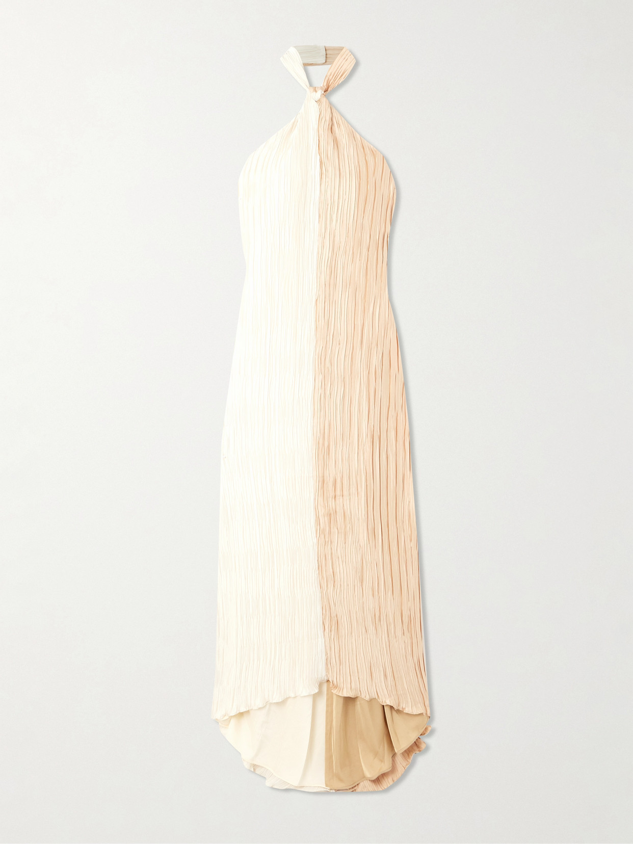 Dima Ayad Knotted Plissé-satin Halterneck Maxi Dress In Ivory