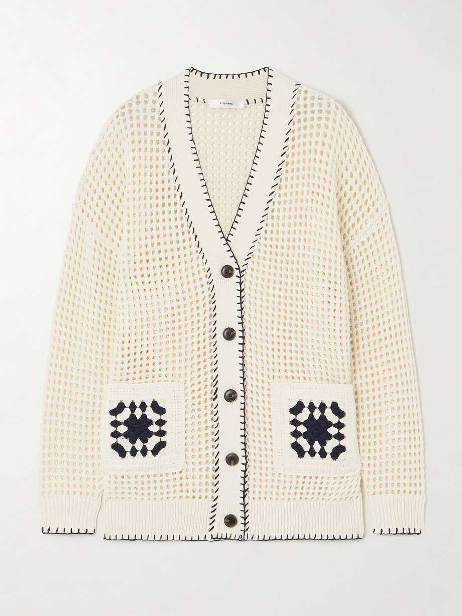 The open construction of FRAME's cardigan makes it ideal for transitional months. It's crocheted from cotton-blend and has a relaxed shape outlined with contrasting whipstitching - the threads match the windowpane details on the pockets.
