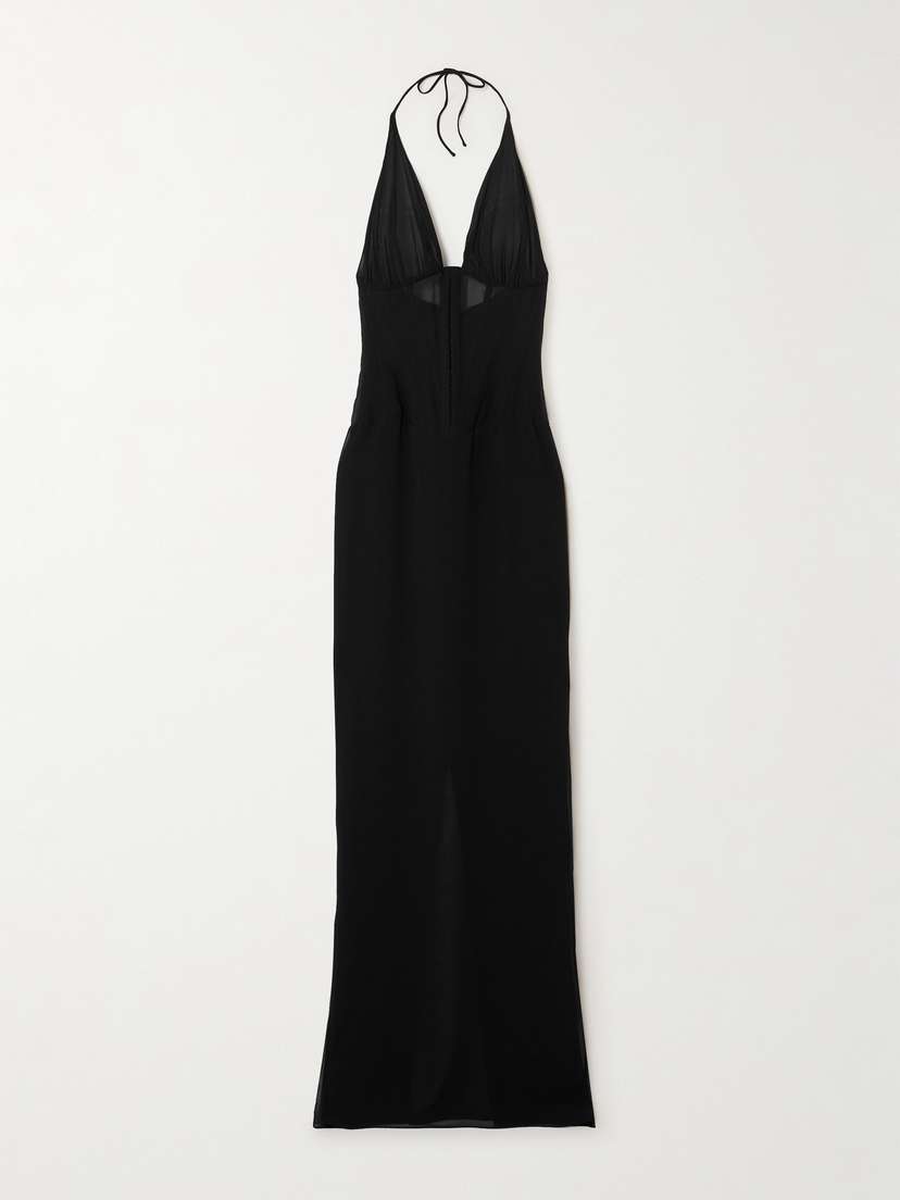 Mônot Paneled Chiffon Halterneck Maxi Dress