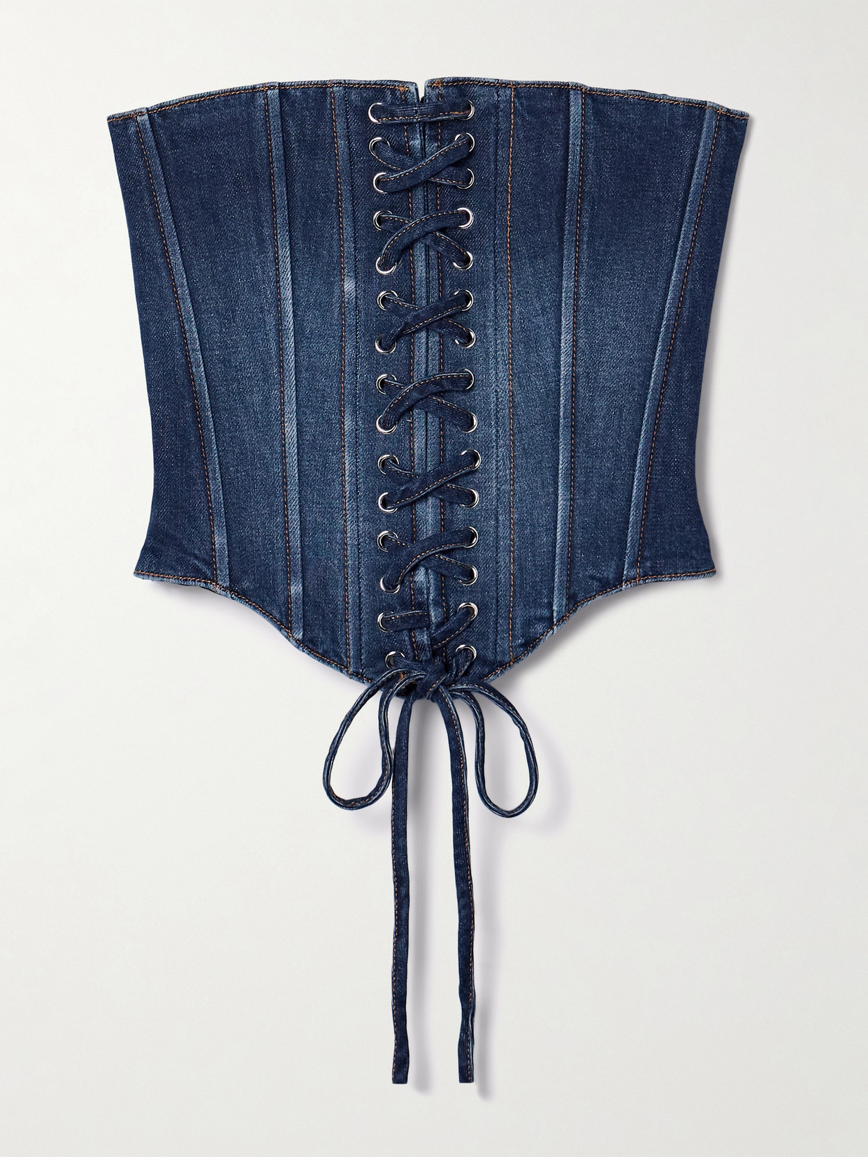 Monot Strapless Cropped Lace-up Denim Bustier Top In Blue