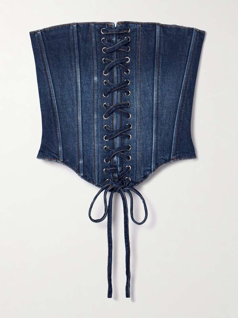 Mônot Strapless Cropped Lace-up Denim Bustier Top