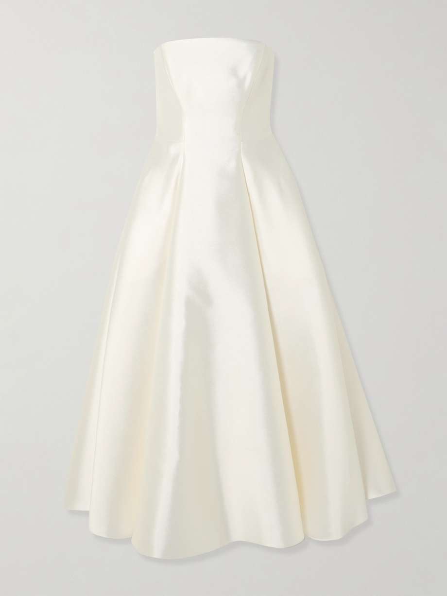 strapless pleated mikado midi dress