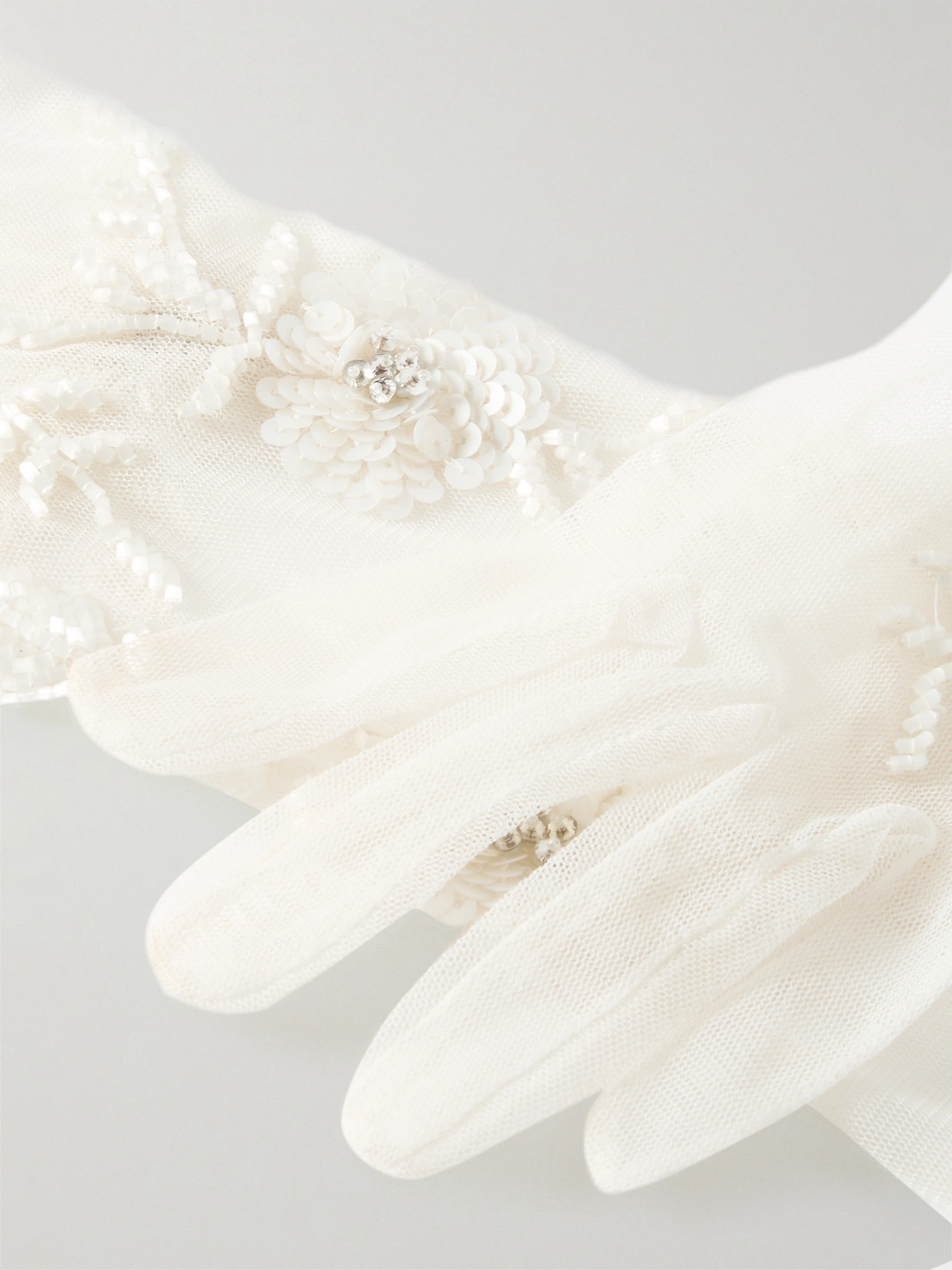 HALFPENNY LONDON ELIZABETH CRYSTAL AND SEQUIN-EMBELLISHED TULLE GLOVES