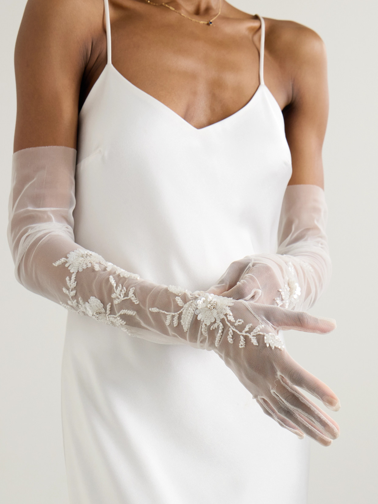 HALFPENNY LONDON ELIZABETH CRYSTAL AND SEQUIN-EMBELLISHED TULLE GLOVES