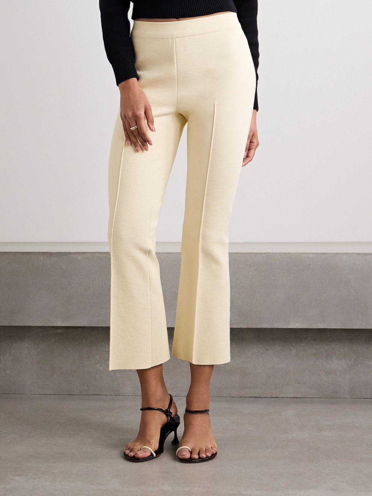 High Sport Kick Cropped Jacquard-knit Stretch-cotton Flared Pants In Off-white