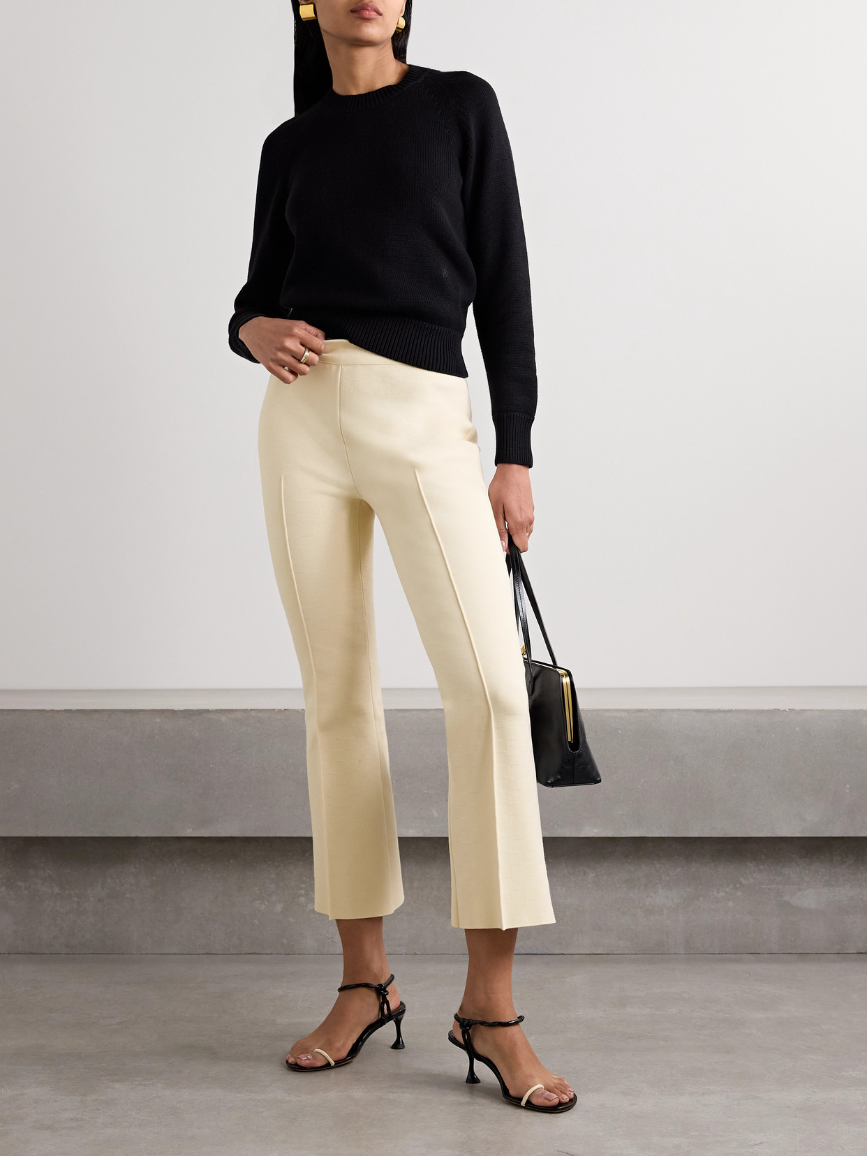 High Sport Kick Cropped Jacquard-knit Stretch-cotton Flared Pants In Off-white