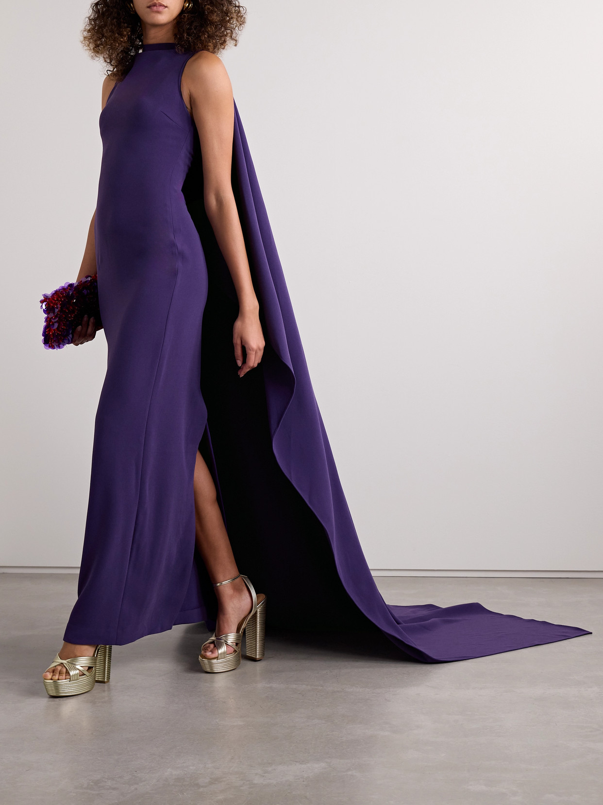 Solace London Kaila Cape-effect Crepe Gown In Purple