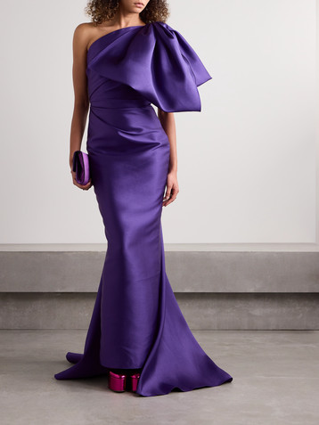 Solace London Priya one-shoulder bow-embellished satin-twill gown
