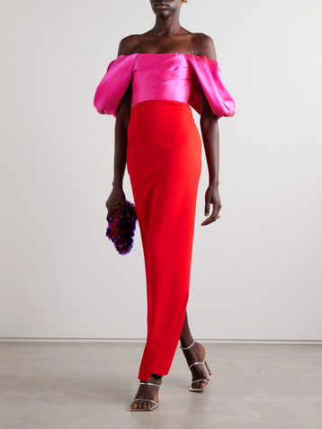 Solace London Sian off-the-shoulder two-tone pleated crepe and faille gown