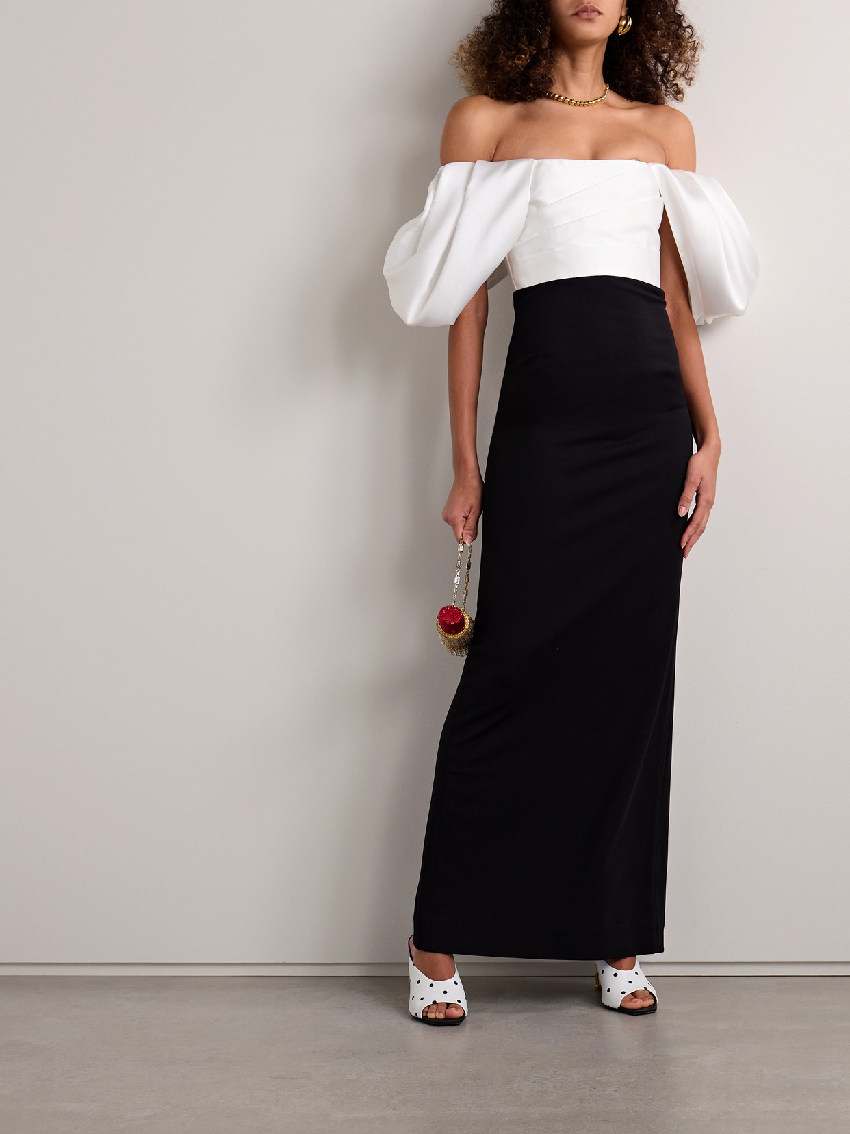Solace London Sian Off-the-shoulder Two-tone Crepe And Faille Gown In Black
