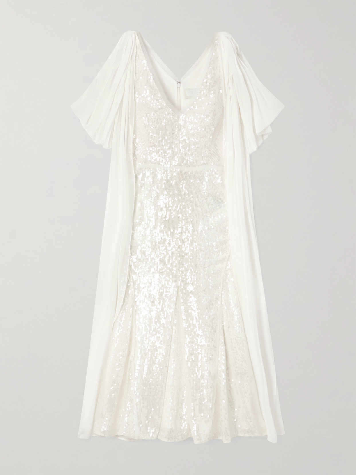 Erdem Draped Chiffon-paneled Sequined Satin Midi Dress In Off-white