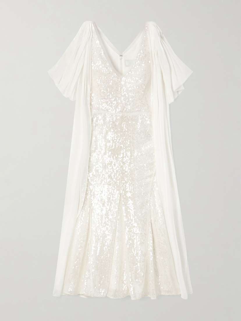 Erdem Draped Chiffon-paneled Sequined Satin Midi Dress