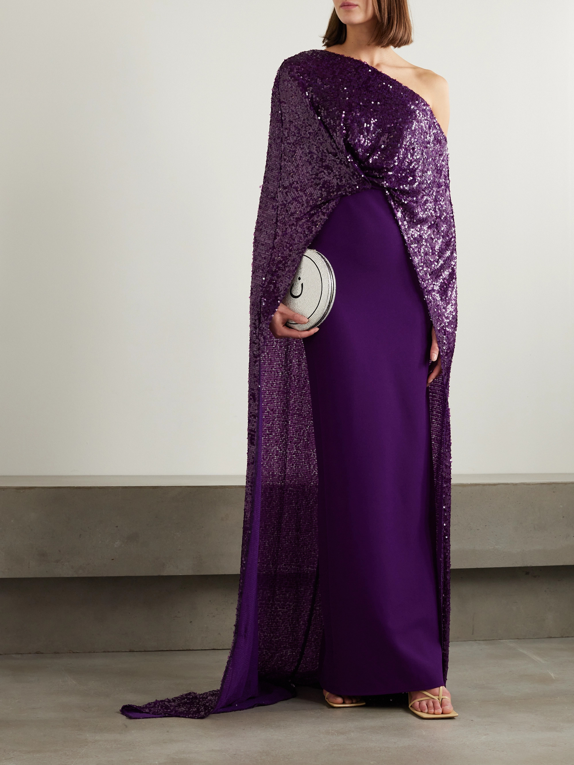 Safiyaa Cadenza cape-effect sequined georgette and stretch-crepe gown