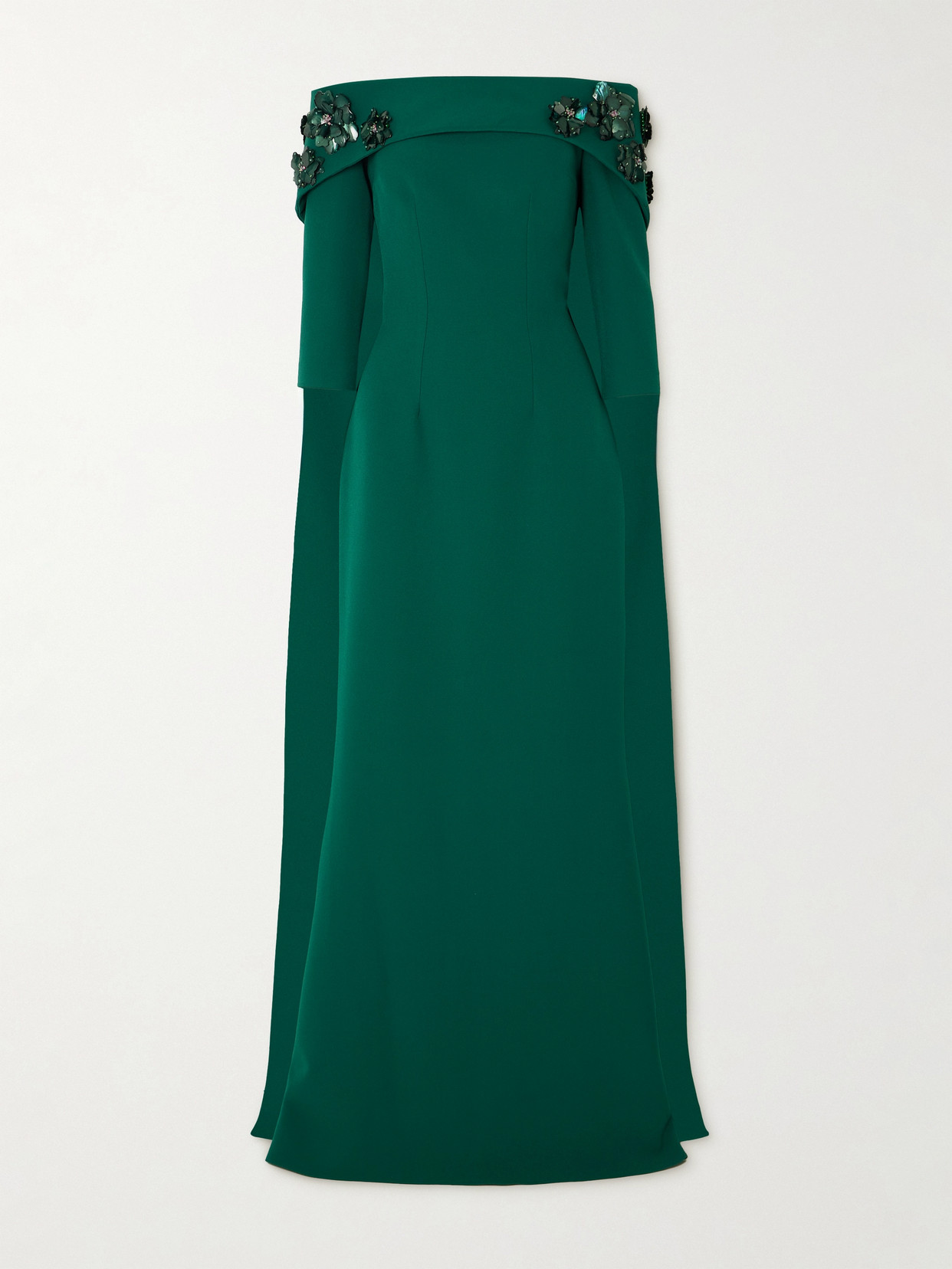 Safiyaa Bellara Off-the-shoulder Cape-effect Embellished Stretch-crepe Gown In Green