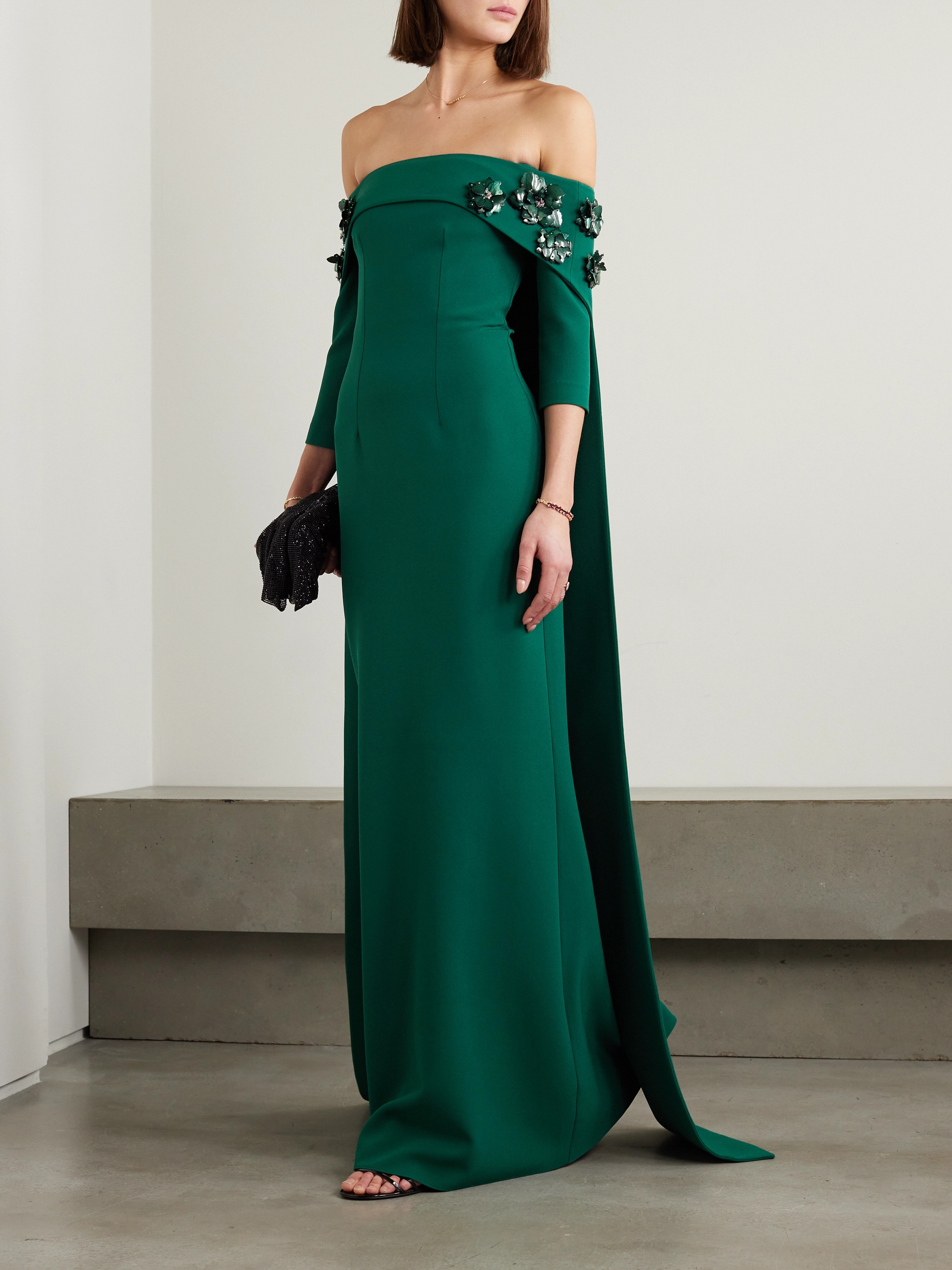 Safiyaa Bellara off-the-shoulder cape-effect embellished stretch-crepe gown