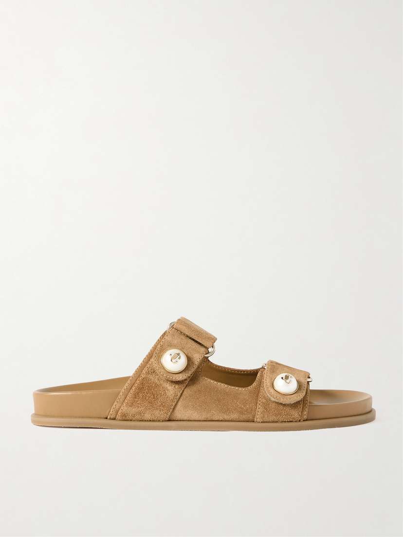 Jimmy Choo Fayence Faux Pearl-embellished Suede Slides