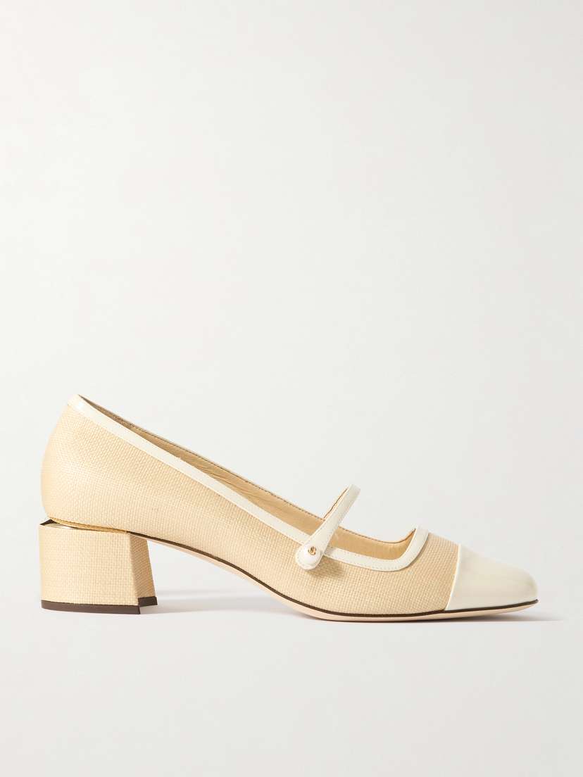 Jimmy Choo Elisa 45 Embellished Patent Leather-trimmed Raffia Mary Jane Pumps