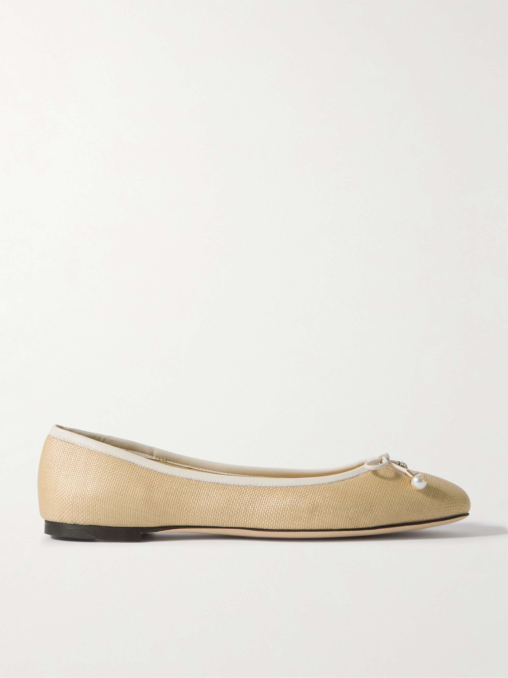 JIMMY CHOO Elme embellished leather-trimmed raffia ballet JIMMY CHOO Elme embellished leather-trimmed raffia ballet