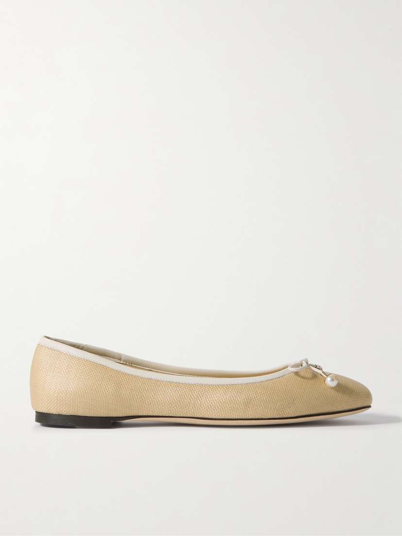 Jimmy Choo Elme Embellished Leather-trimmed Raffia Ballet Flats