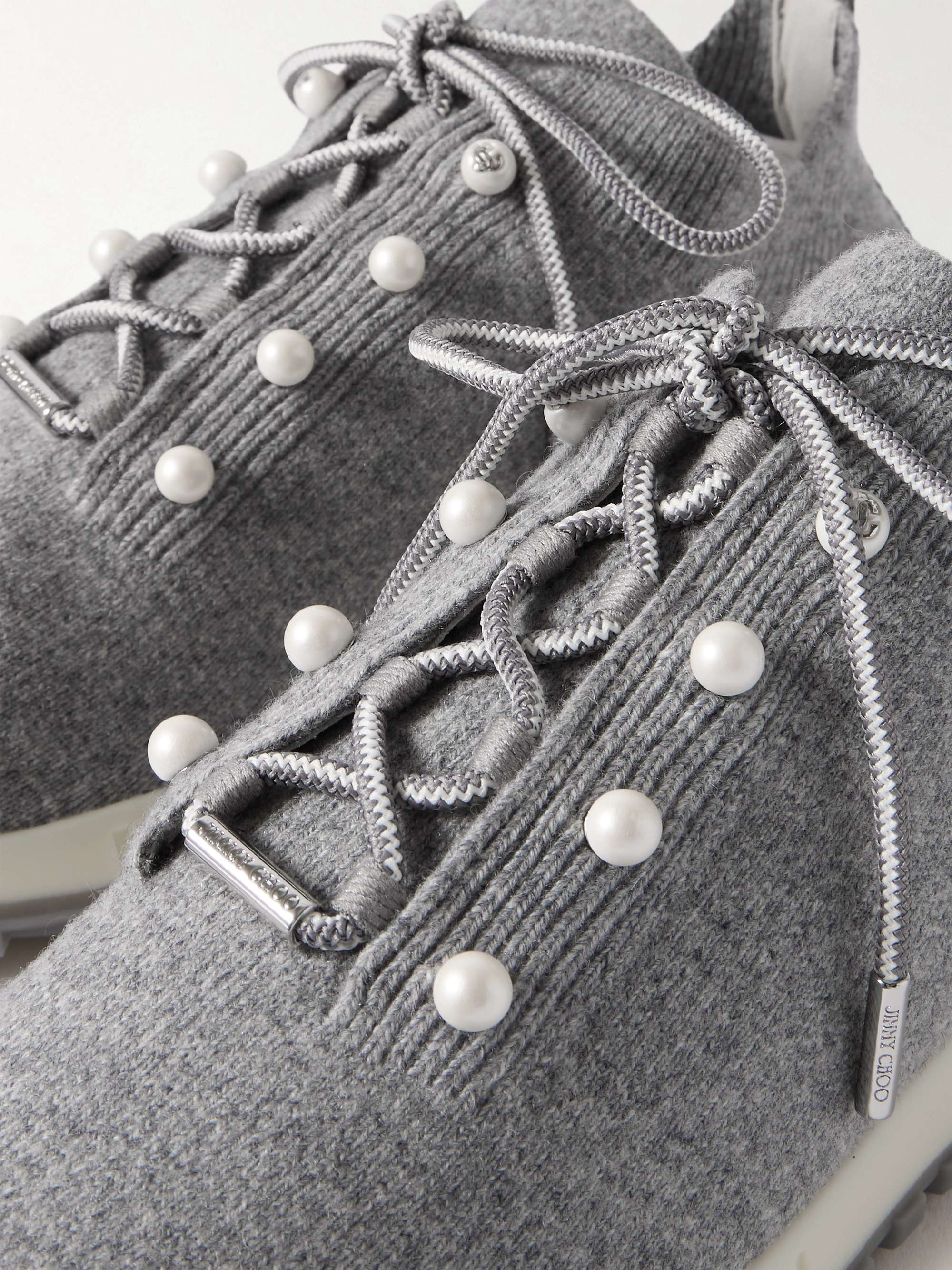 JIMMY CHOO Veles faux pearl embellished knitted sneakers NET A PORTER