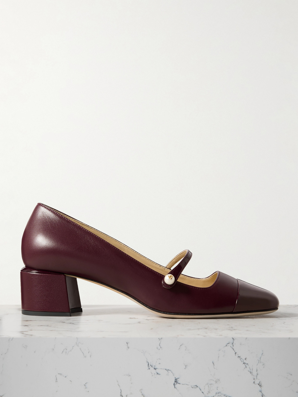 Shop Jimmy Choo Elisa 45 Embellished Patent-trimmed Leather Mary Jane Pumps In Burgundy