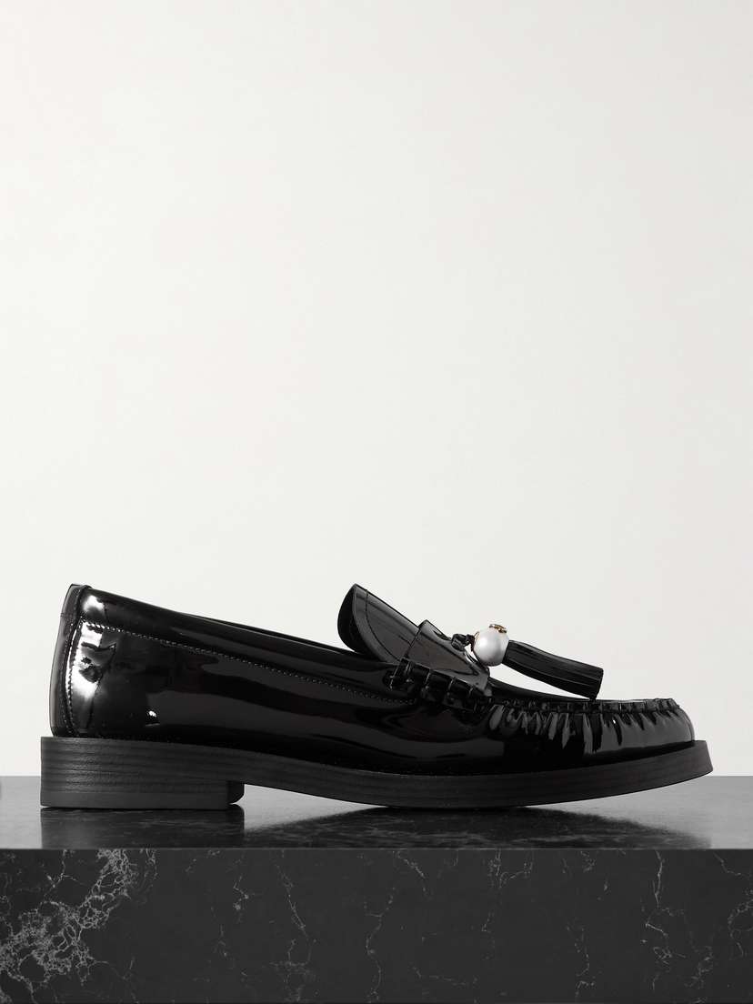 Jimmy Choo Addie Faux Pearl-embellished Tasseled Patent-leather Loafers
