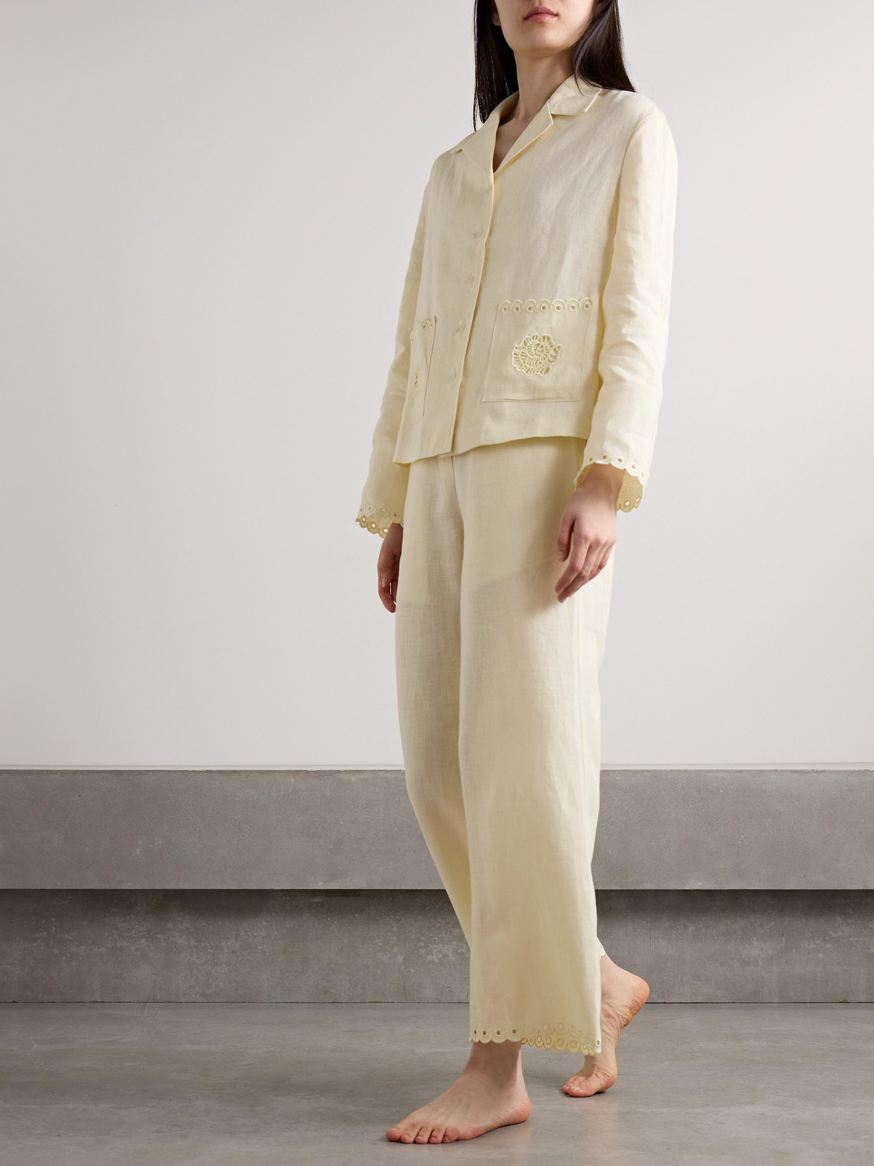 Shop Sleeper Sofia Broderie Anglaise-trimmed Linen Pajama Shirt In White