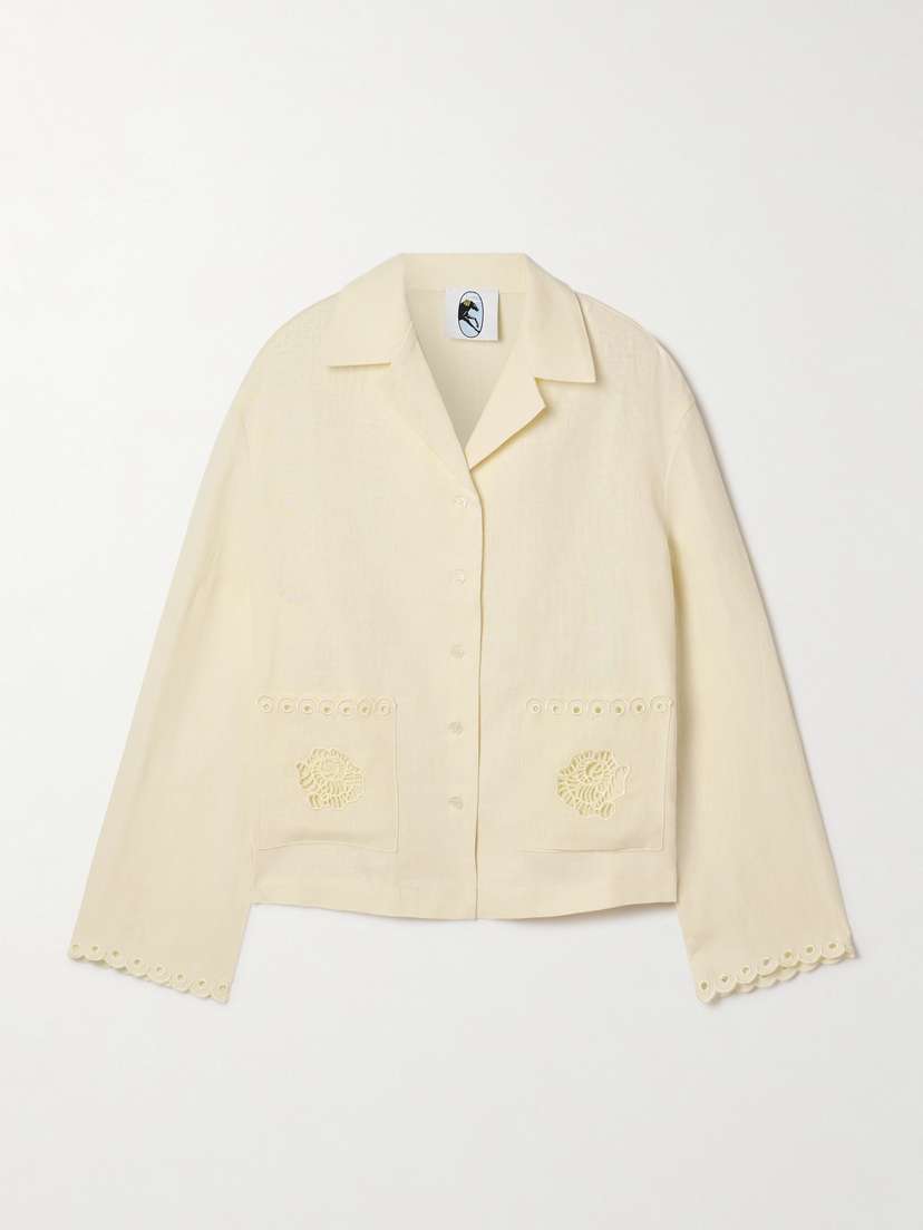 Sleeper Sofia Broderie Anglaise-trimmed Linen Pajama Shirt