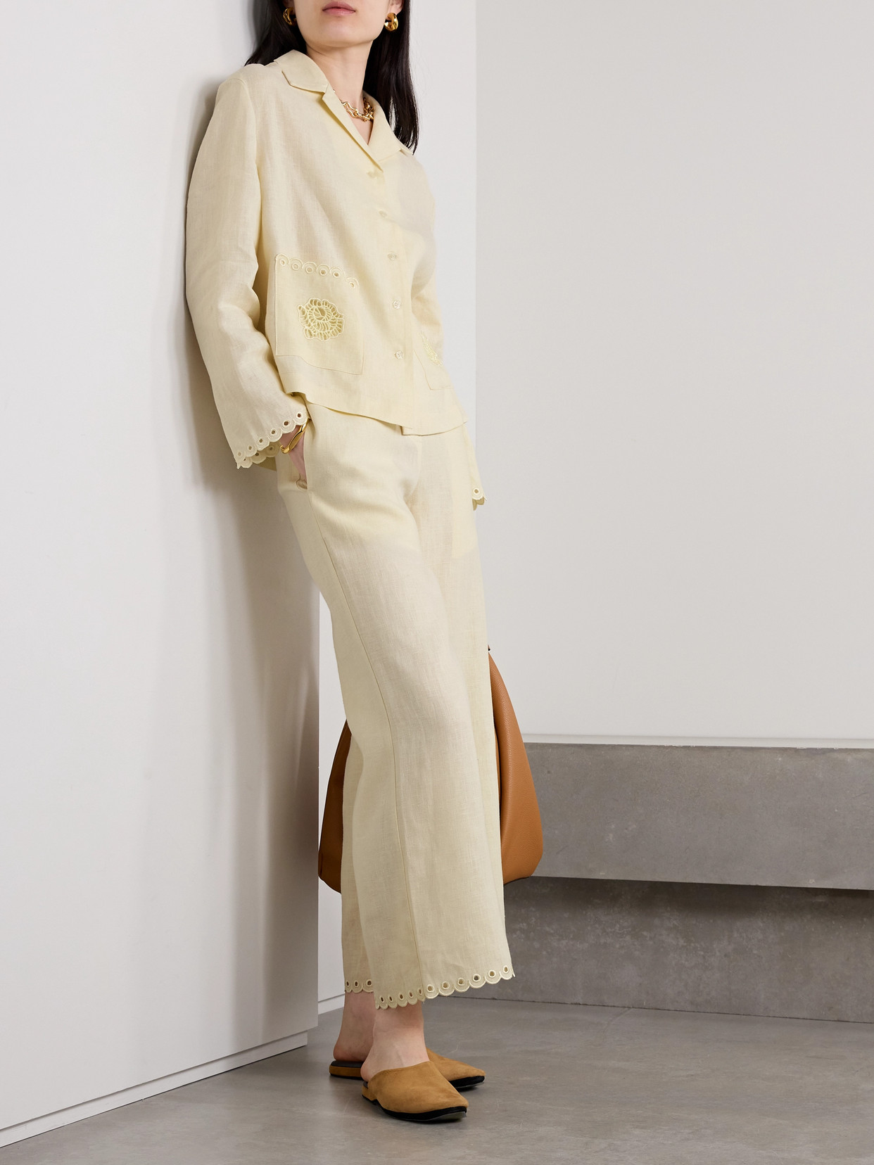 Sleeper Sofia Broderie Anglaise-trimmed Linen Pajama Shirt In White