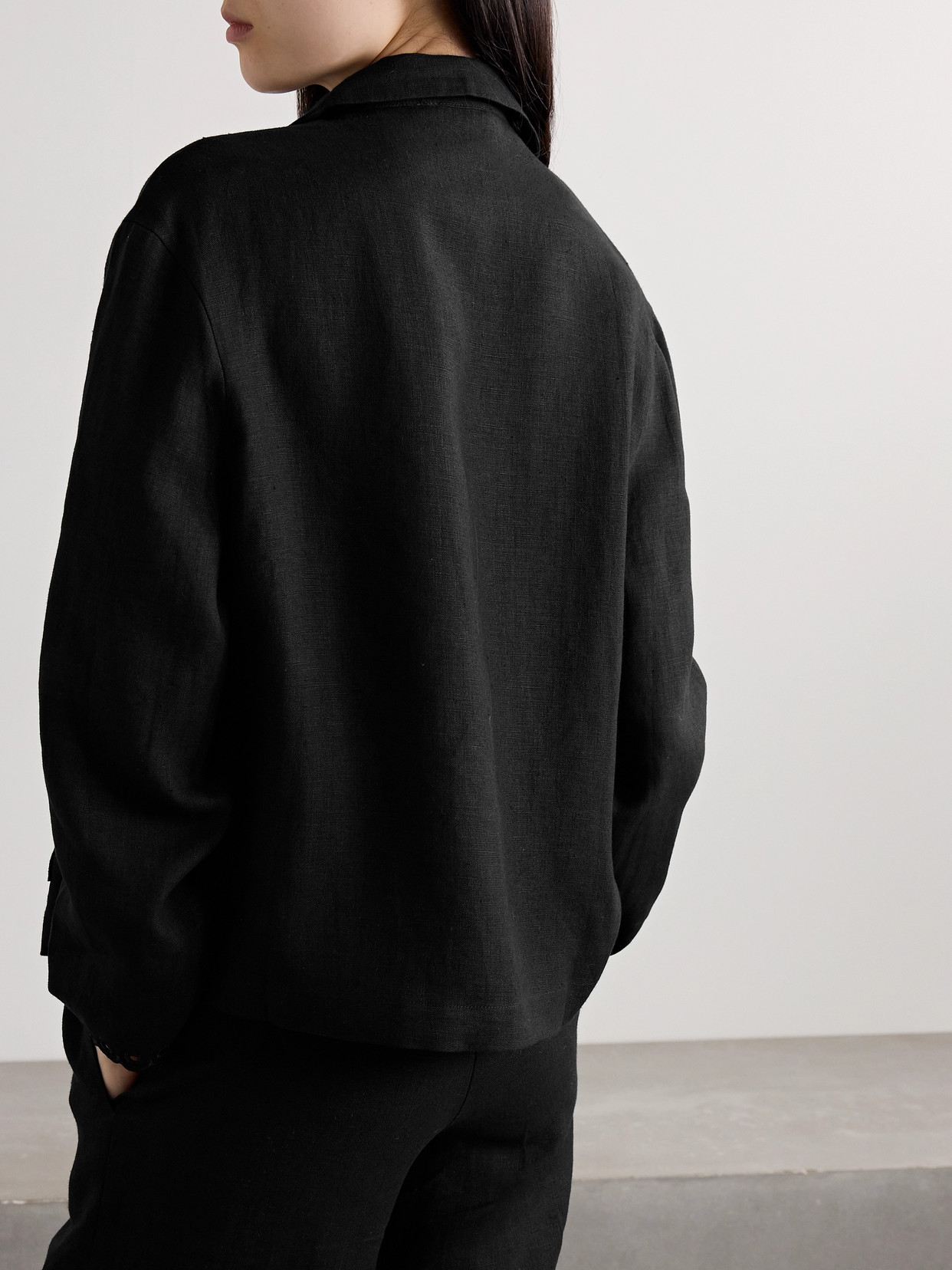 Sleeper Sofia Broderie Anglaise-trimmed Linen Pajama Shirt In Black