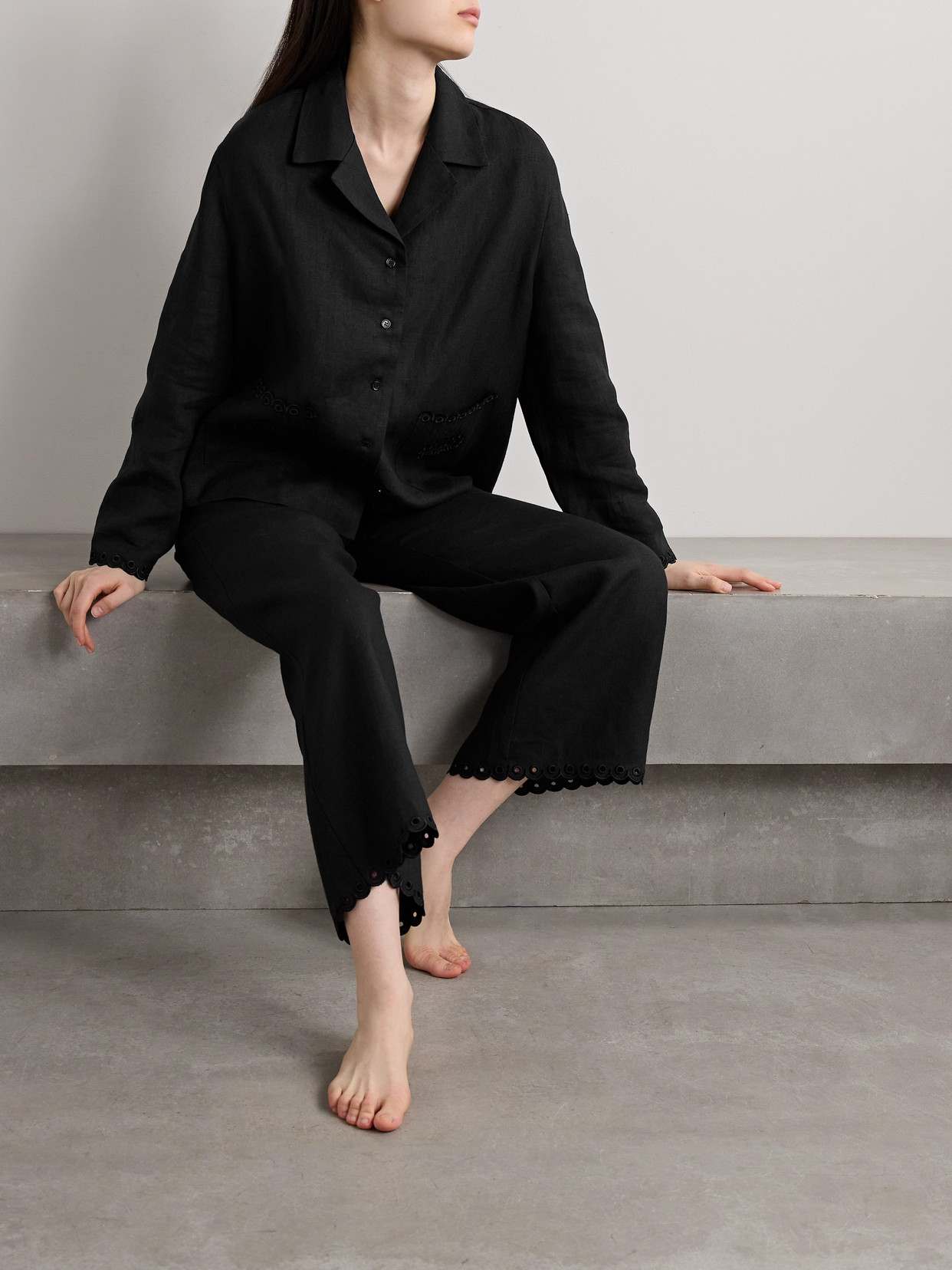 Shop Sleeper Sofia Broderie Anglaise-trimmed Linen Pajama Shirt In Black