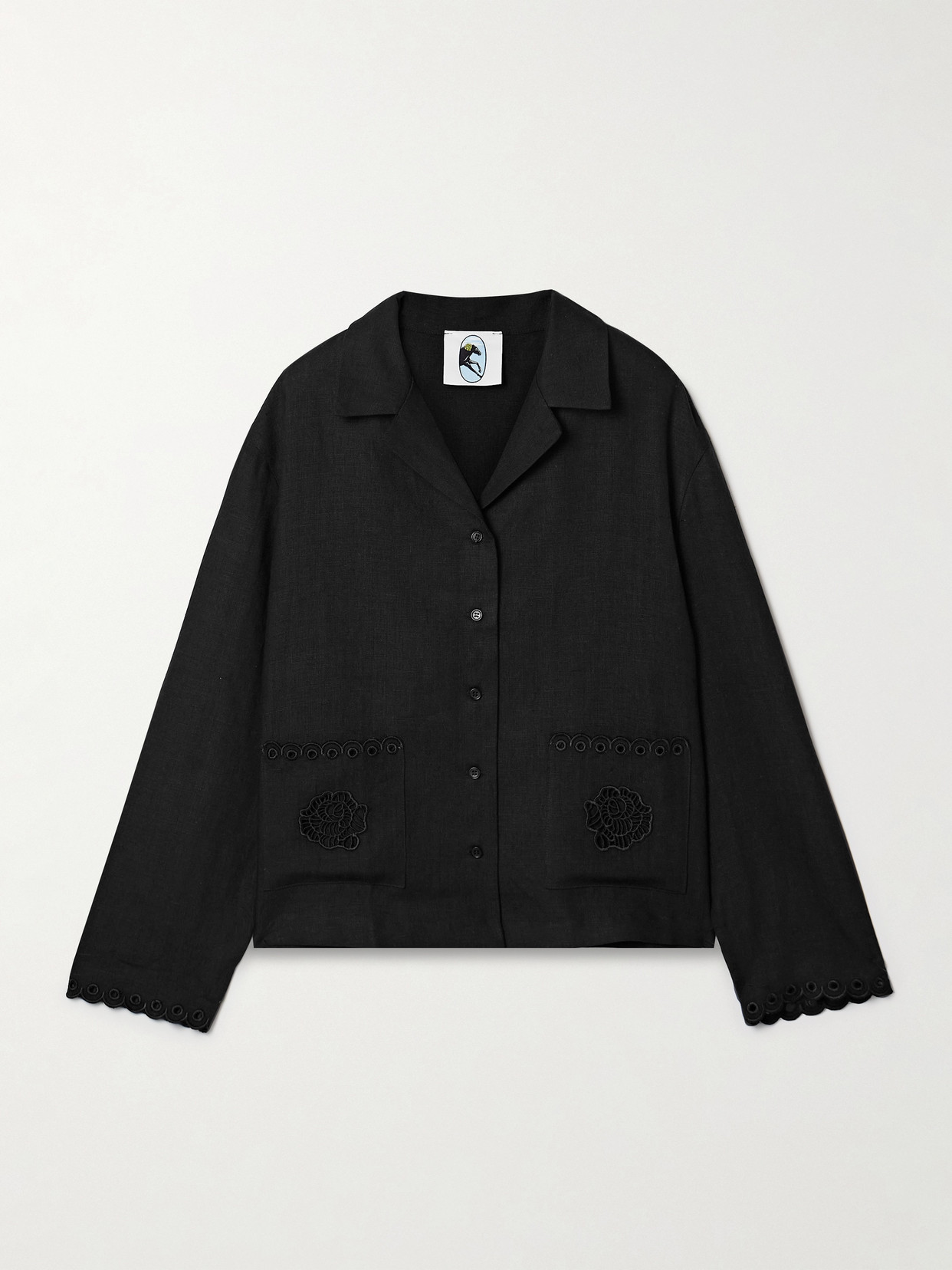 Sleeper Sofia Broderie Anglaise-trimmed Linen Pajama Shirt In Black