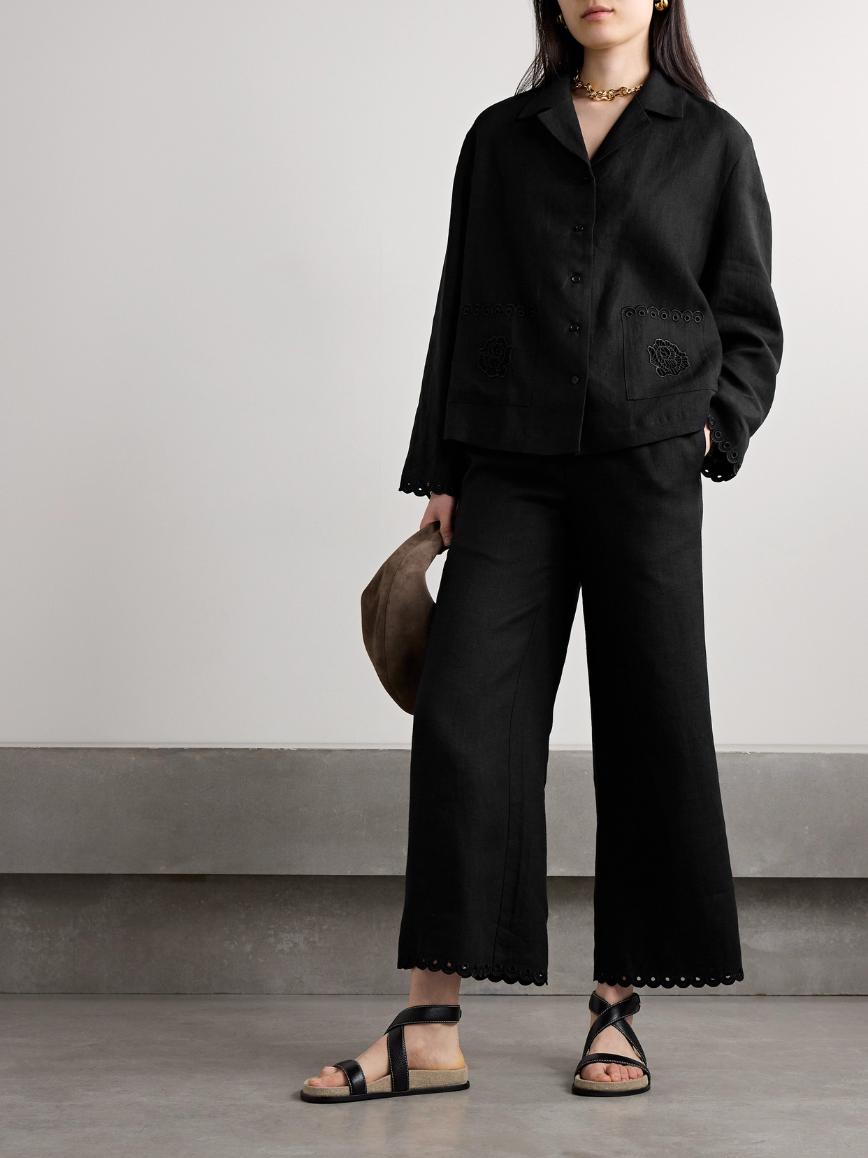 Sleeper Sofia Broderie Anglaise-trimmed Linen Pajama Shirt In Black